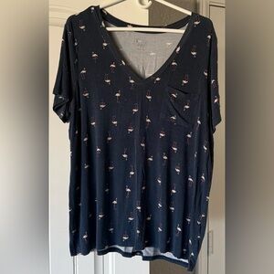 Market & Spruce Navy V-Neck Short Sleeve Top with Pink Flamingo Print